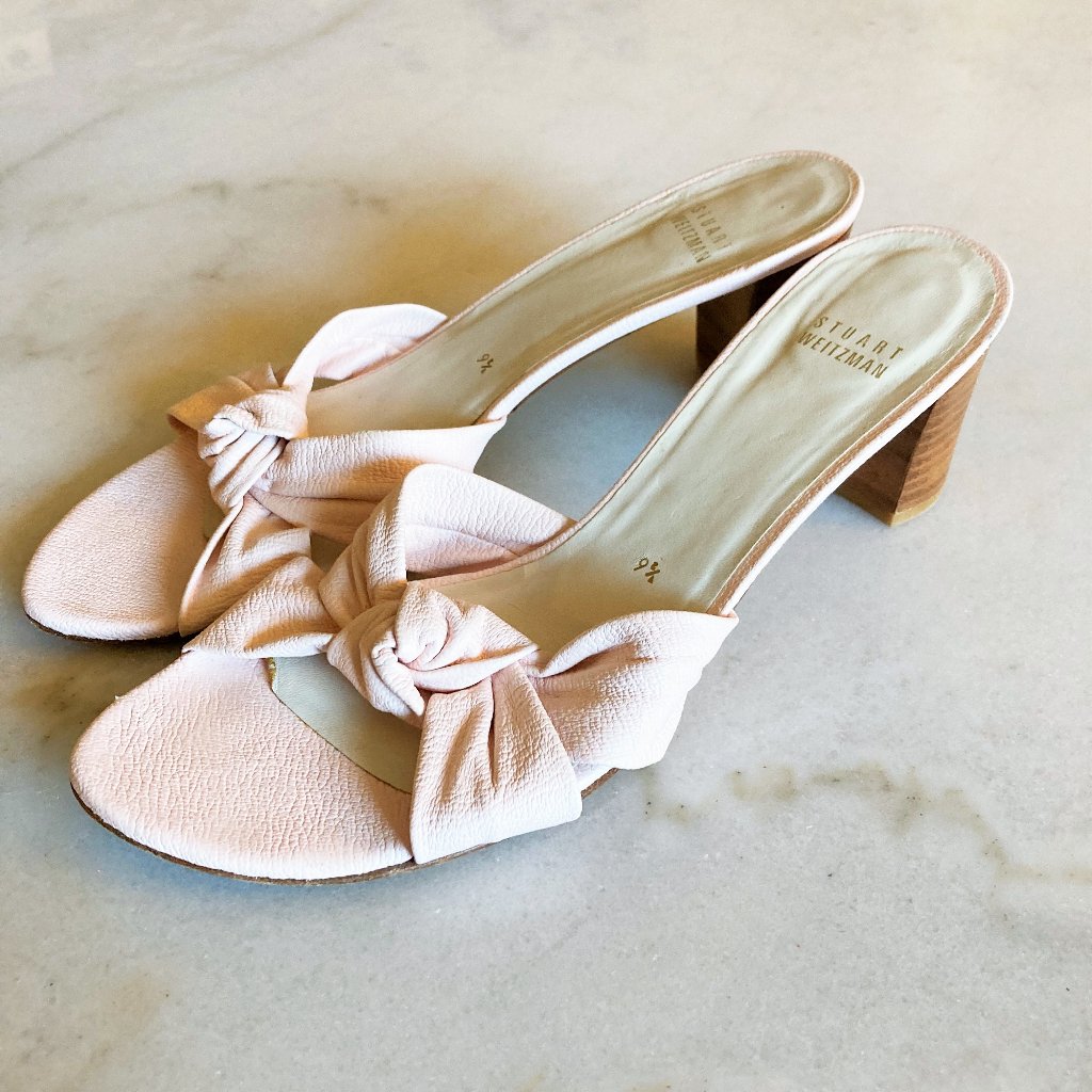 Stuart Weitzman Pink Leather Open Toe Stacked Heel Slide Sandals Heel Shoes